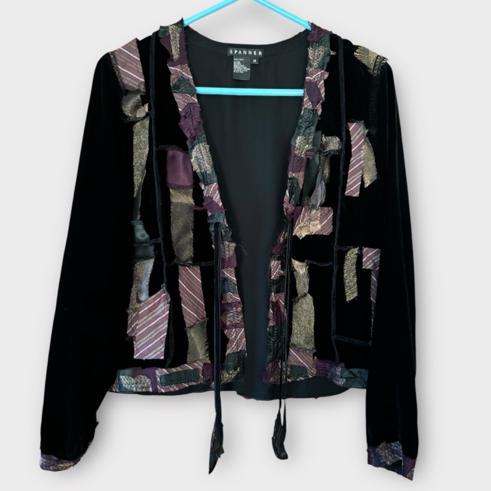 Spanner Vtg Velvet Artsy Whimsigoth Witchy Tie Front Cropped Jacket Size M